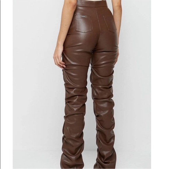 Manière De Voir Tacked Vegan Leather Flared Trousers in Chocolate Brown Size 8 - Picture 2 of 7